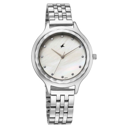 Fastrack Stunners Mother of Pearl Dial Silver Metal Strap Analog Watch for Women