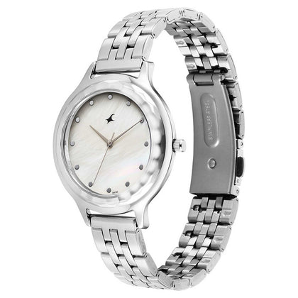Fastrack Stunners Mother of Pearl Dial Silver Metal Strap Analog Watch for Women