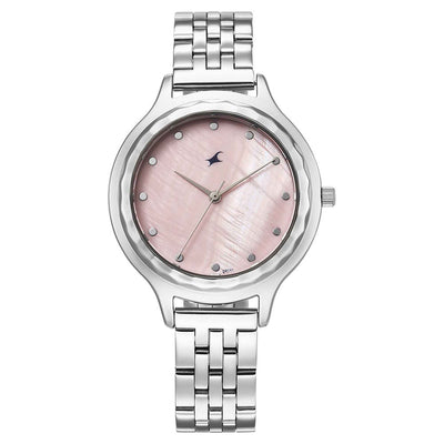 Fastrack Stunners Mother of Pearl Dial Silver Metal Strap Analog Watch for Women