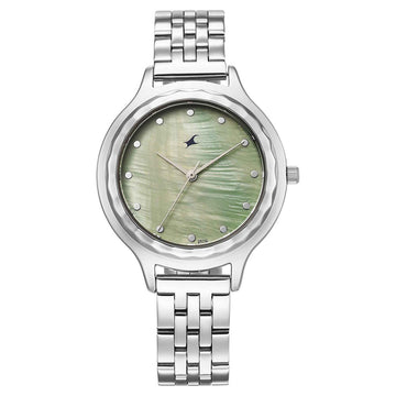 Fastrack Stunners Mother of Pearl Dial Silver Metal Strap Analog Watch for Women
