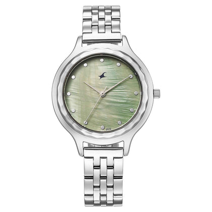 Fastrack Stunners Mother of Pearl Dial Silver Metal Strap Analog Watch for Women