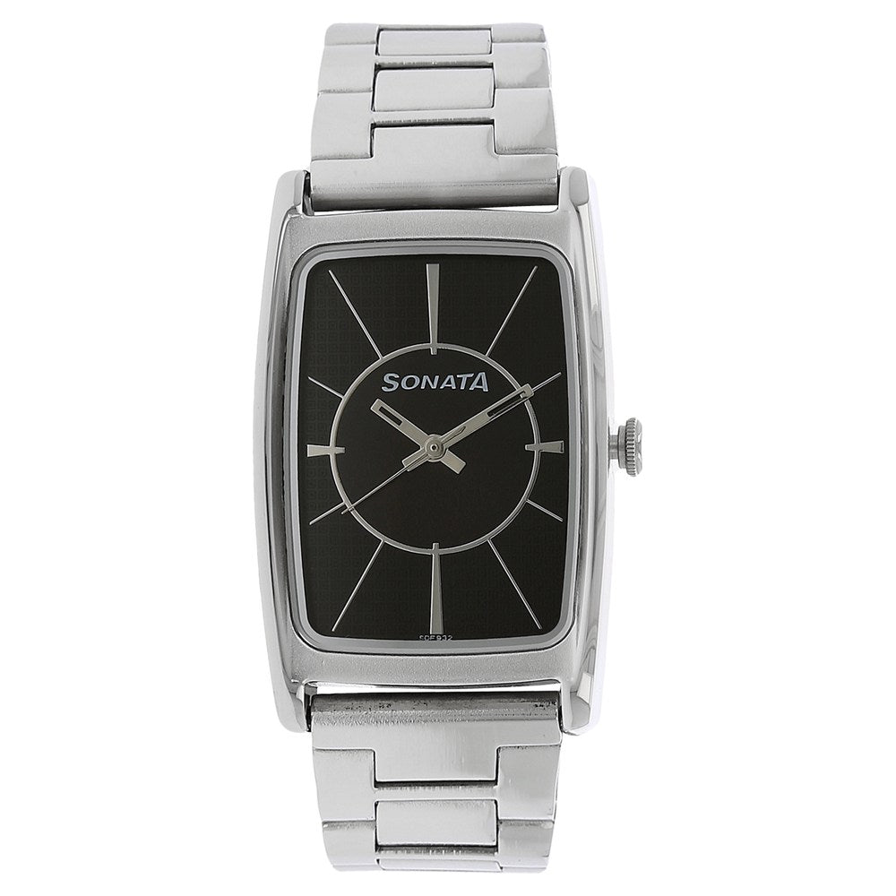Sonata Quartz Analog Black Dial Stainless Steel Strap Watch for Men