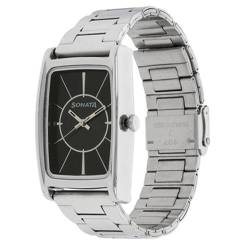 Sonata Quartz Analog Black Dial Stainless Steel Strap Watch for Men