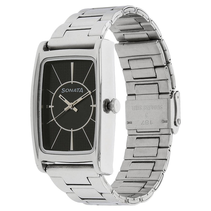 Sonata Quartz Analog Black Dial Stainless Steel Strap Watch for Men