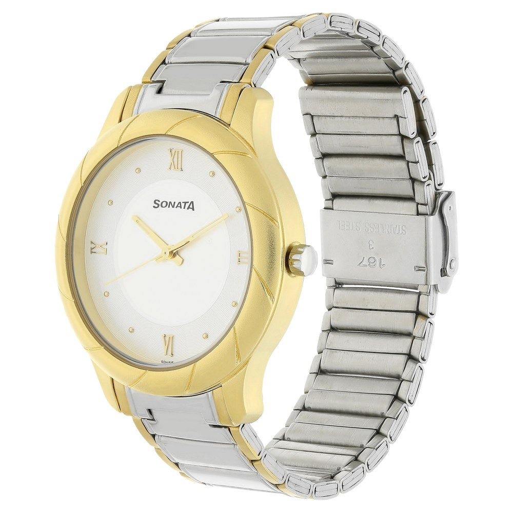 Sonata Quartz Analog White Dial Stainless Steel Strap Watch for Men