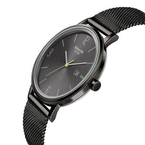 Sonata Quartz Analog with Date Grey Dial Stainless Steel Strap Watch for Men