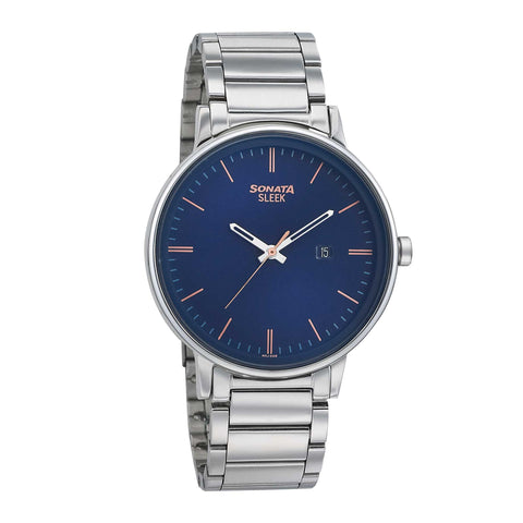 Sonata Quartz Analog Blue Dial Stainless Steel Strap Watch for Men