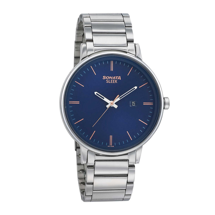 Sonata Quartz Analog Blue Dial Stainless Steel Strap Watch for Men