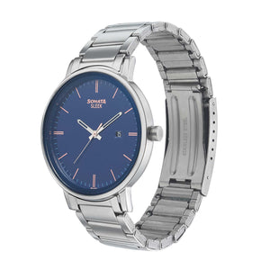 Sonata Quartz Analog Blue Dial Stainless Steel Strap Watch for Men