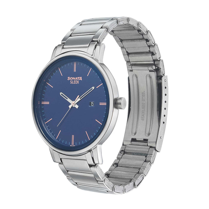 Sonata Quartz Analog Blue Dial Stainless Steel Strap Watch for Men