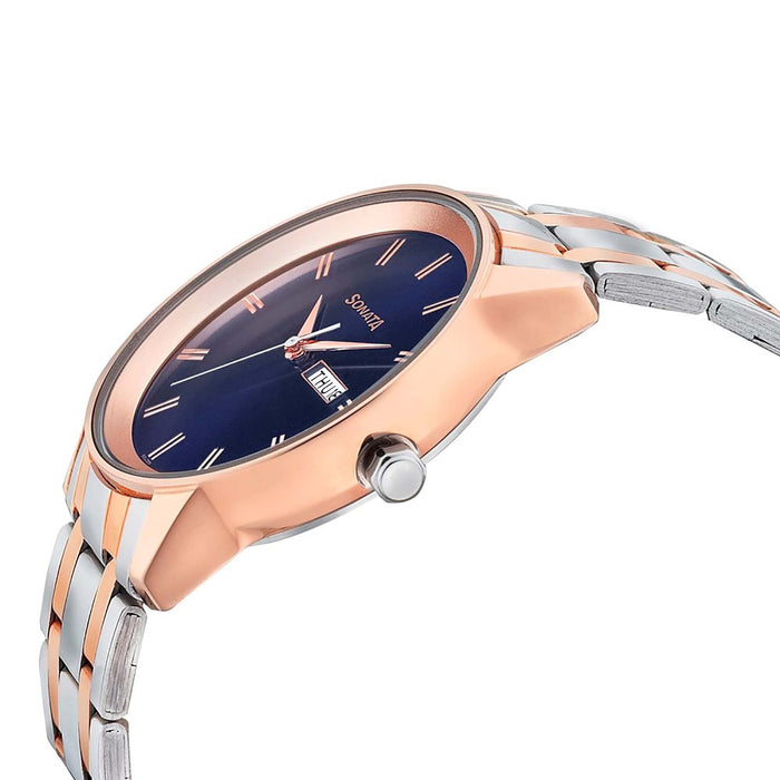 Sonata Quartz Analog with Day and Date Blue Dial Bimetal Strap Watch for Men