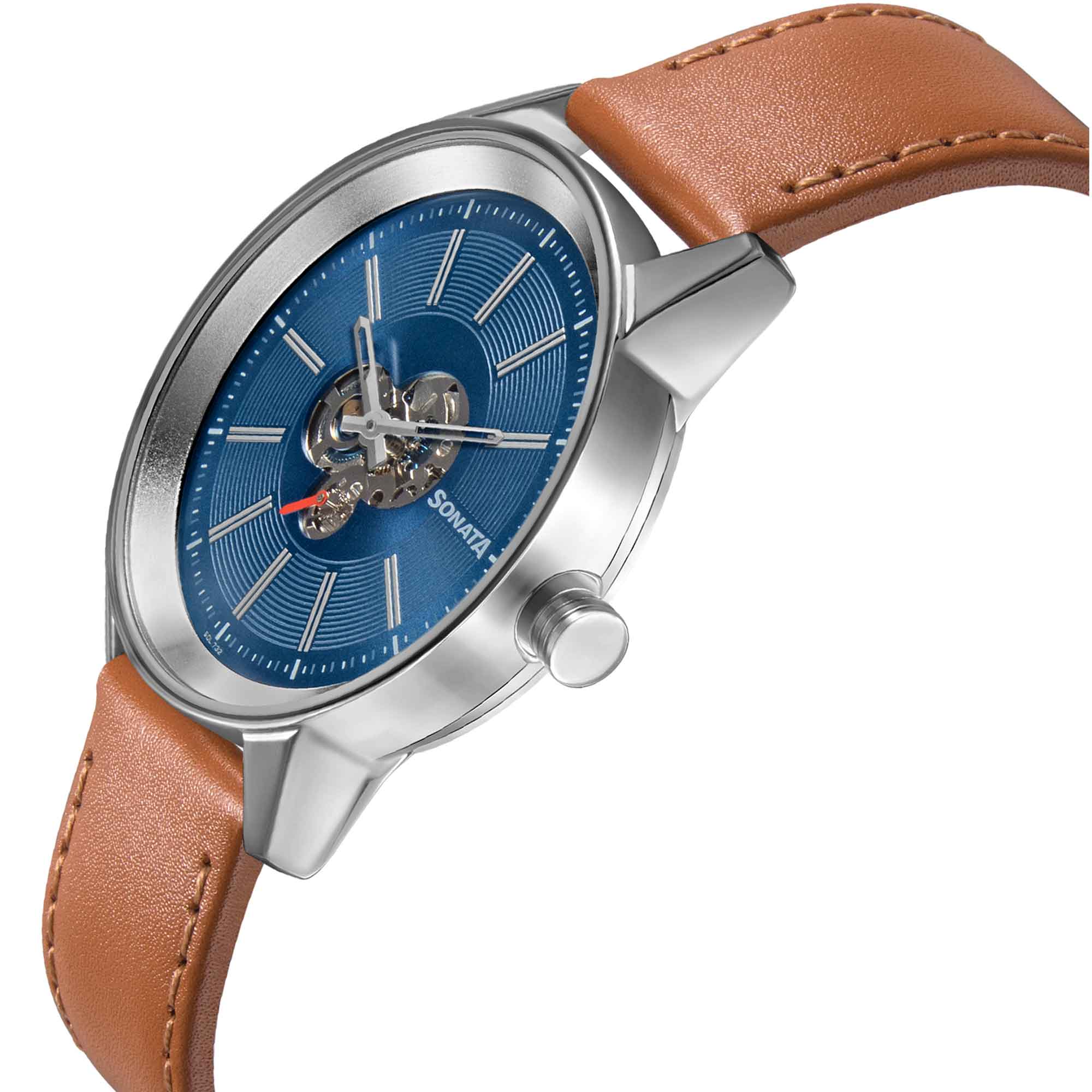Sonata Quartz Multifunction Blue Dial Leather Strap Watch for Men