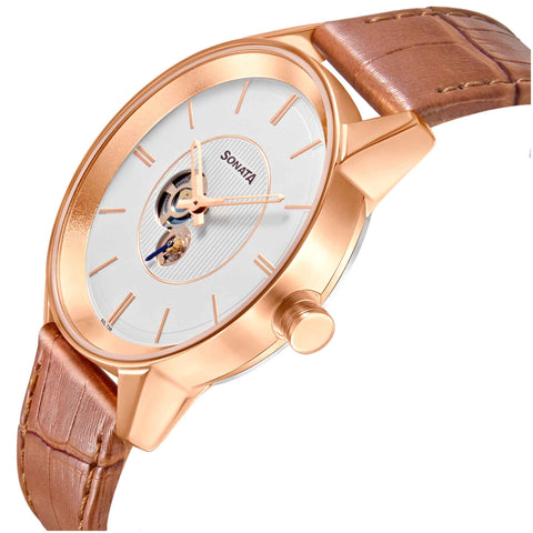 Sonata Quartz Multifunction Silver Dial Leather Strap Watch for Men
