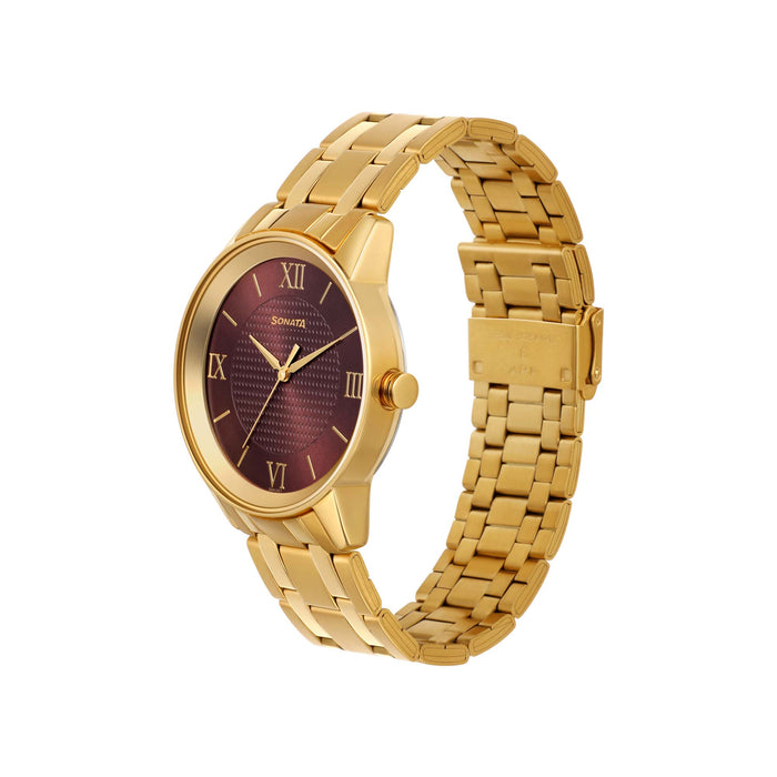 Sonata Quartz Analog Brown Dial Stainless Steel Strap Watch for Men