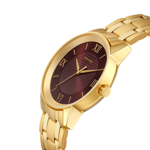 Sonata Quartz Analog Brown Dial Stainless Steel Strap Watch for Men