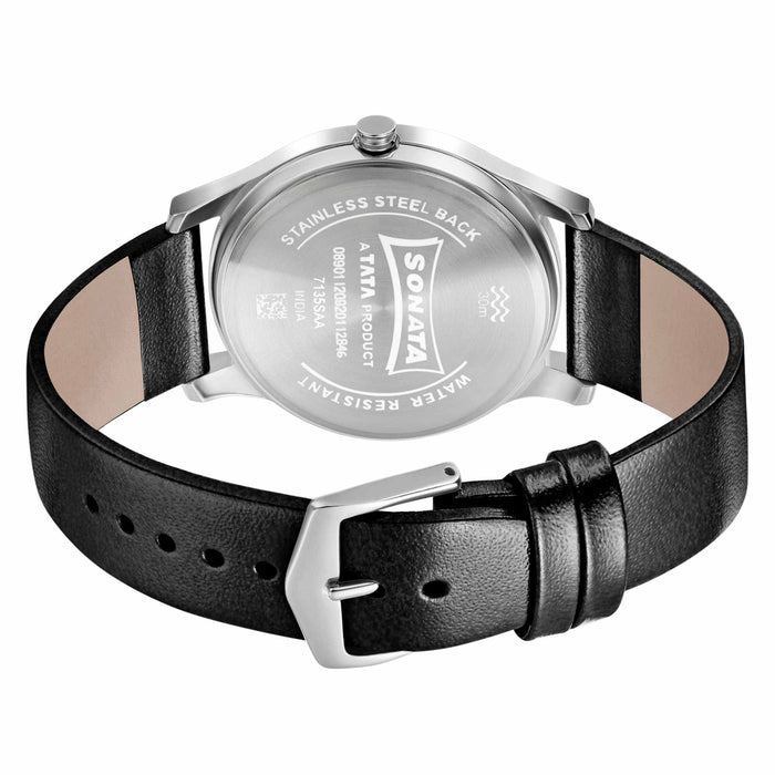 Sonata Quartz Analog Silver Dial Leather Strap Watch for Men