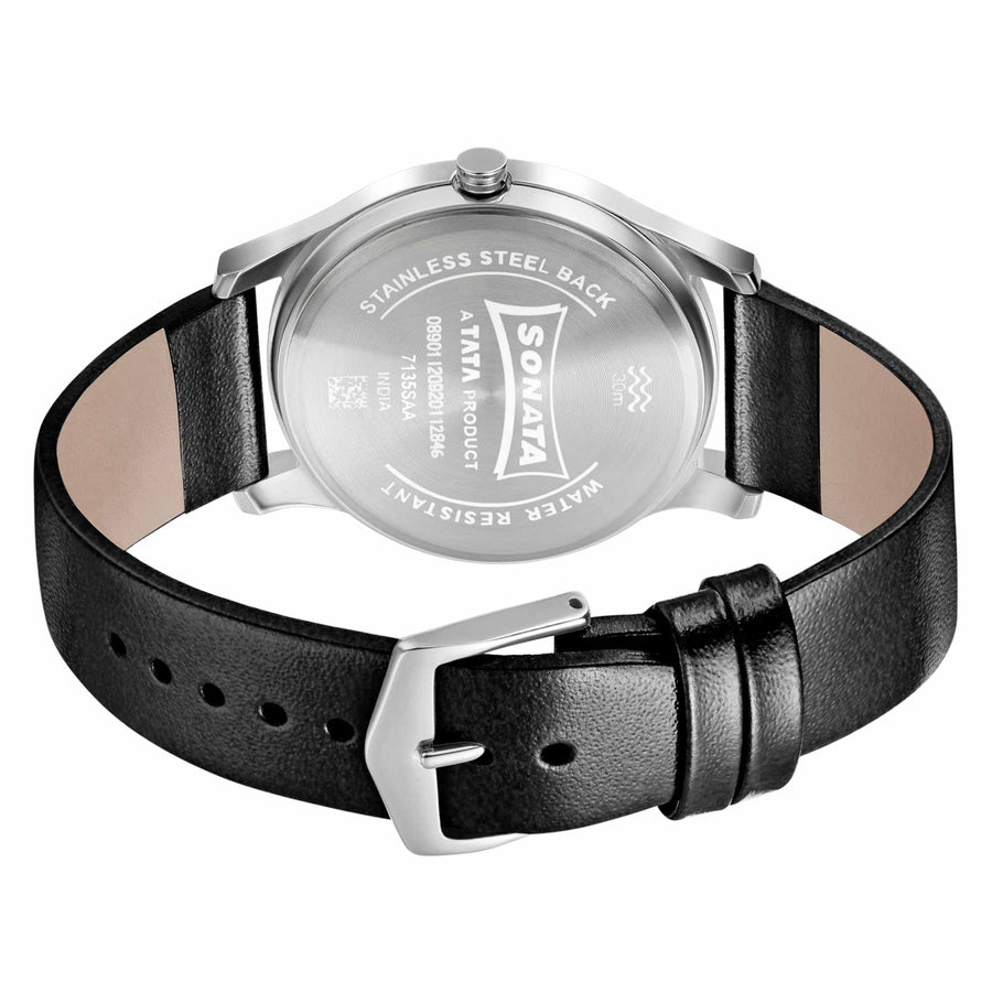 Sonata Quartz Analog Silver Dial Leather Strap Watch for Men
