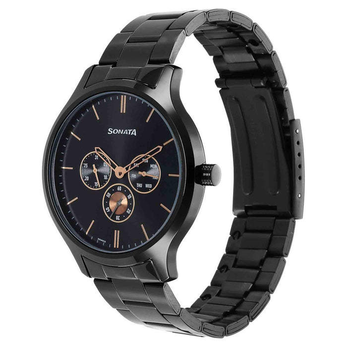 Sonata Quartz Multifunction Black Dial Stainless Steel Strap Watch for Men