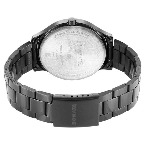 Sonata Quartz Multifunction Black Dial Stainless Steel Strap Watch for Men