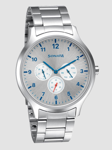 Sonata Quartz Analog Silver Dial Metal Strap Watch for Men
