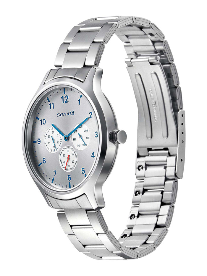 Sonata Quartz Analog Silver Dial Metal Strap Watch for Men