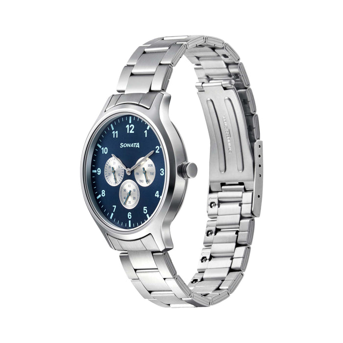 Sonata Quartz Analog Blue Dial Metal Strap Watch for Men