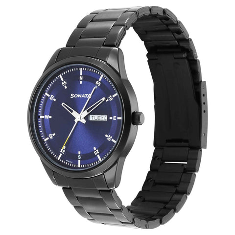 Sonata Quartz Analog with Day and Date Blue Dial Stainless Steel Strap Watch for Men