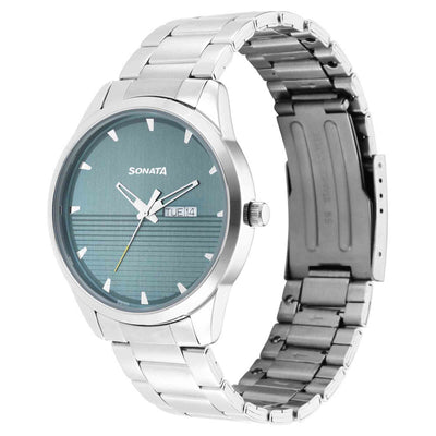 Sonata Quartz Analog with Day and Date Blue Dial Stainless Steel Strap Watch for Men