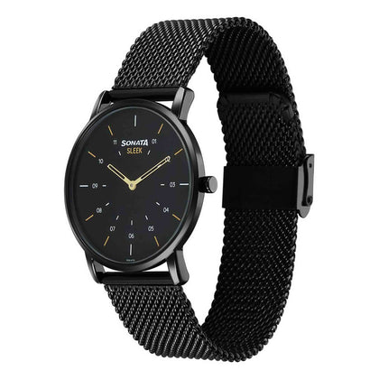 Sonata Fashion Black Dial Metal Strap Analog Watch for Men