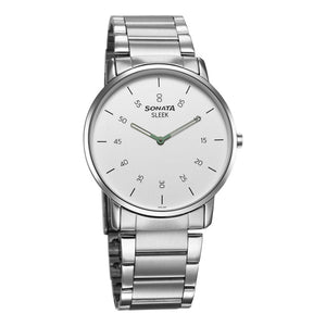 Sonata Sleek Quartz Analog White Dial Silver Stainless Steel Strap Watch For Men
