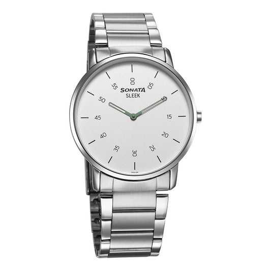 Sonata Sleek Quartz Analog White Dial Silver Stainless Steel Strap Watch For Men