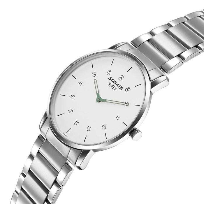 Sonata Sleek Quartz Analog White Dial Silver Stainless Steel Strap Watch For Men