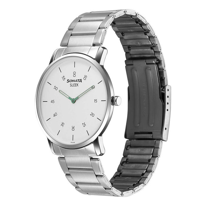 Sonata Sleek Quartz Analog White Dial Silver Stainless Steel Strap Watch For Men