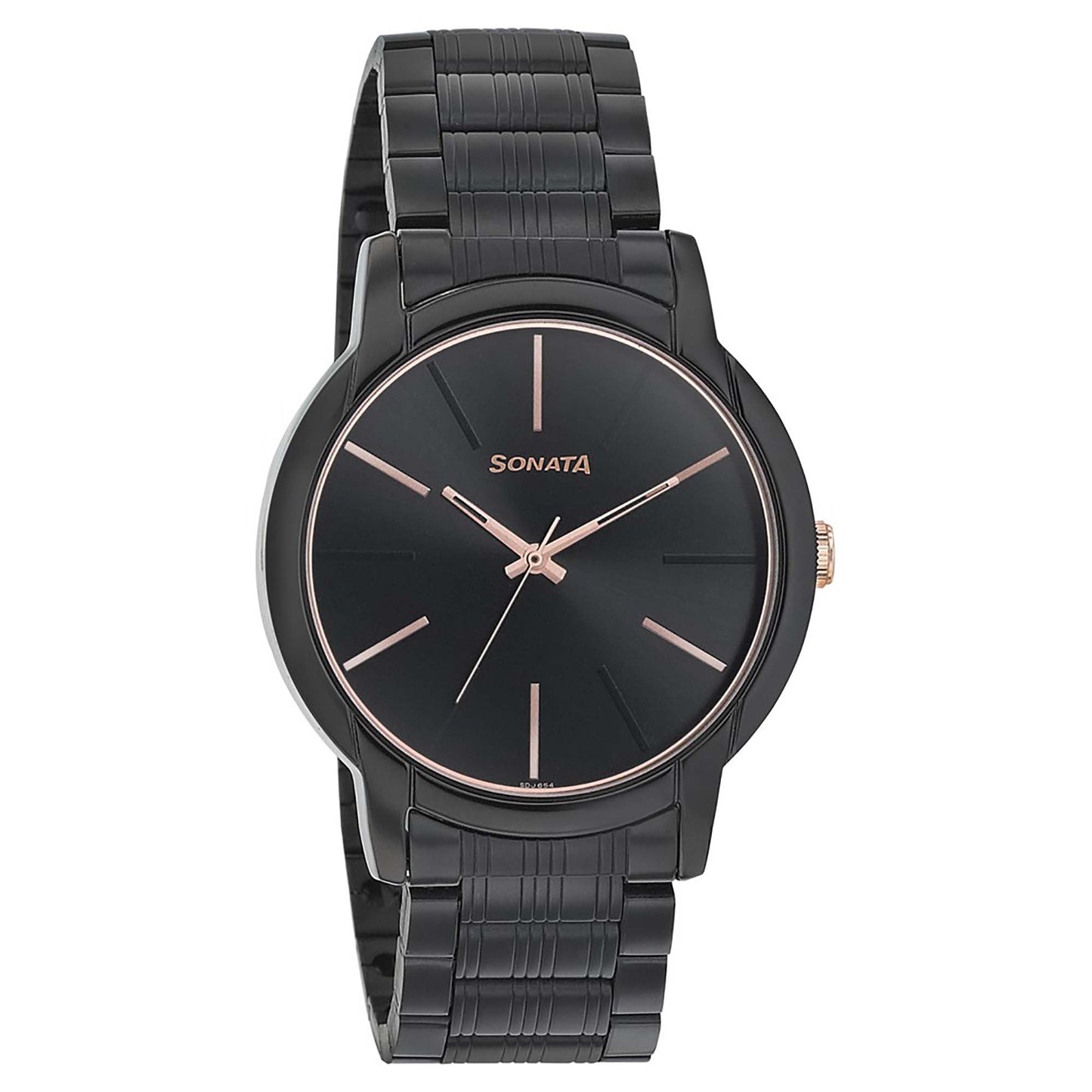 Sonata Quartz Analog Black Dial Metal Strap Watch for Men