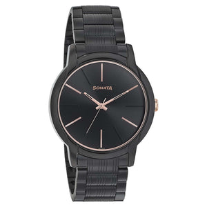 Sonata Quartz Analog Black Dial Metal Strap Watch for Men