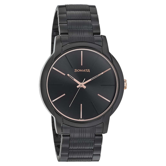 Sonata Quartz Analog Black Dial Metal Strap Watch for Men