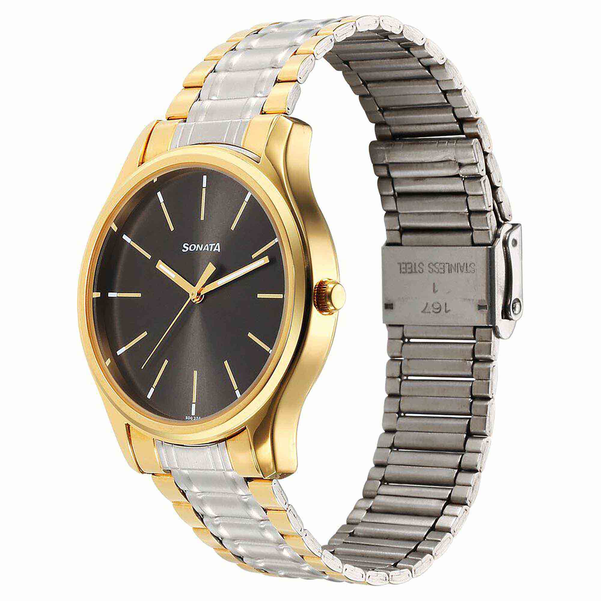 Sonata Traditional Essentials Quartz Analog Grey Dial Stainless Steel Strap Watch for Men