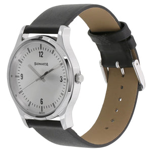 Sonata Quartz Analog Silver Dial Leather Strap Watch for Men