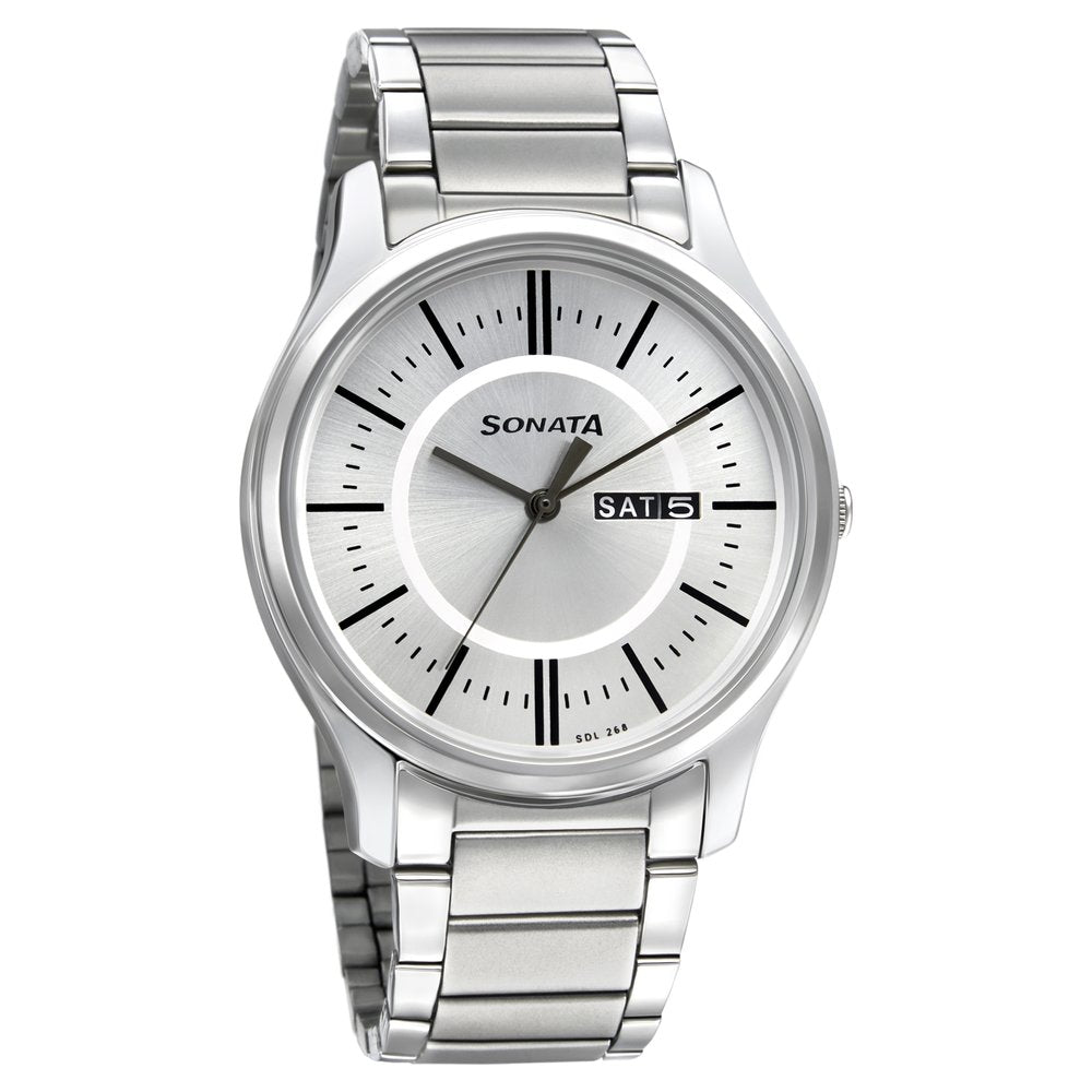 Sonata Quartz Analog with Day and Date Silver Dial Stainless Steel Strap Watch for Men