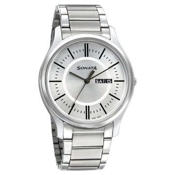 Sonata Quartz Analog with Day and Date Silver Dial Stainless Steel Strap Watch for Men