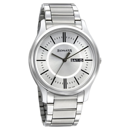Sonata Quartz Analog with Day and Date Silver Dial Stainless Steel Strap Watch for Men