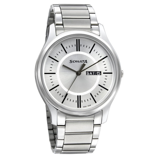 Sonata Quartz Analog with Day and Date Silver Dial Stainless Steel Strap Watch for Men