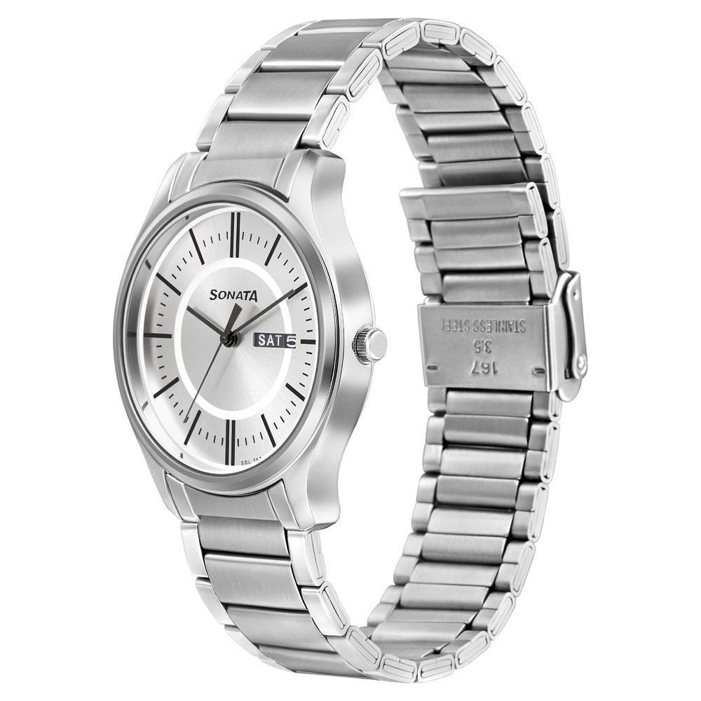 Sonata Quartz Analog with Day and Date Silver Dial Stainless Steel Strap Watch for Men