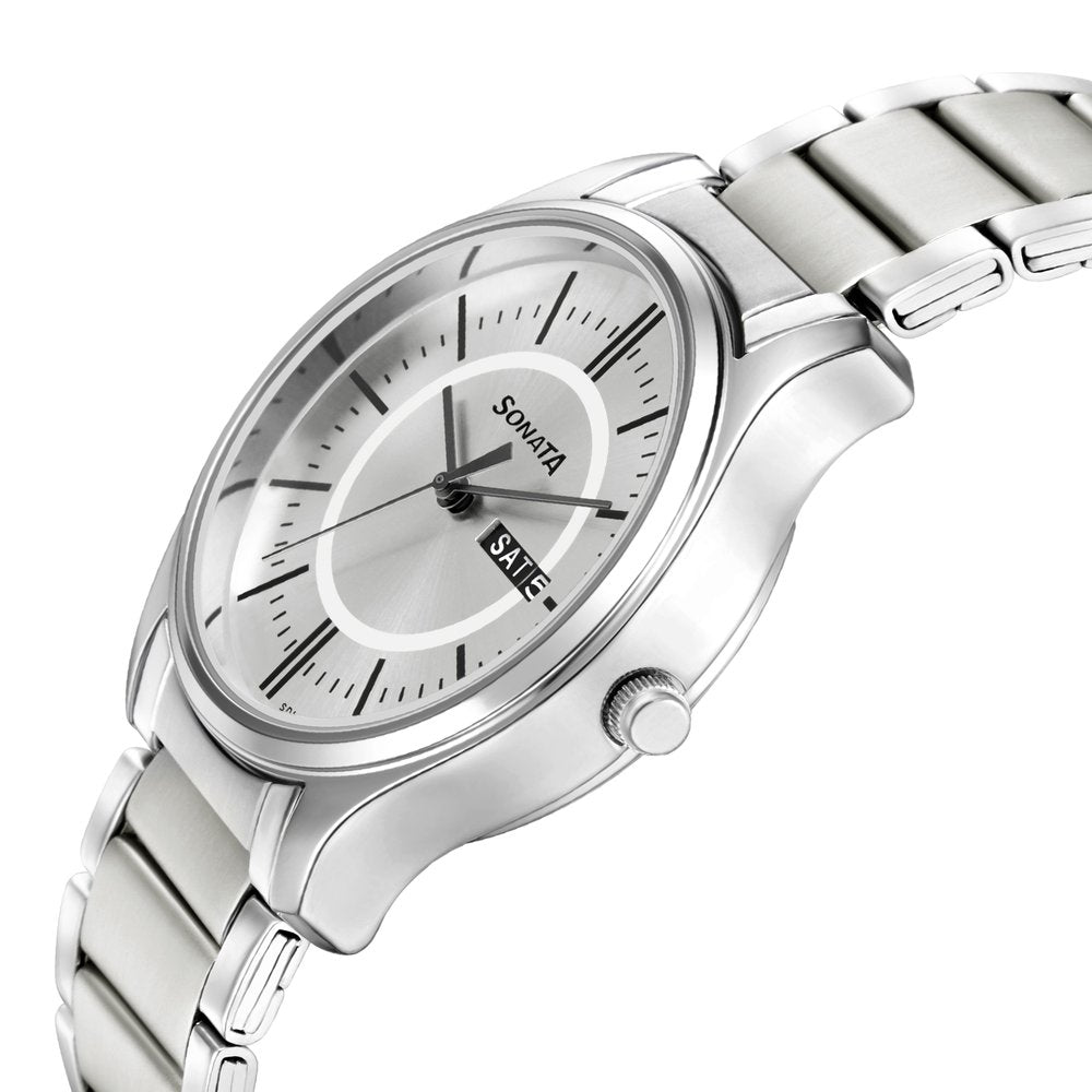 Sonata Quartz Analog with Day and Date Silver Dial Stainless Steel Strap Watch for Men