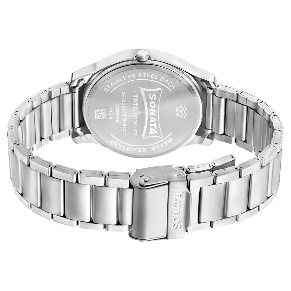 Sonata Quartz Analog with Day and Date Silver Dial Stainless Steel Strap Watch for Men