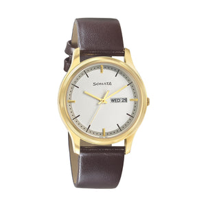 Sonata Quartz Analog with Day and Date White Dial Leather Strap Watch for Men