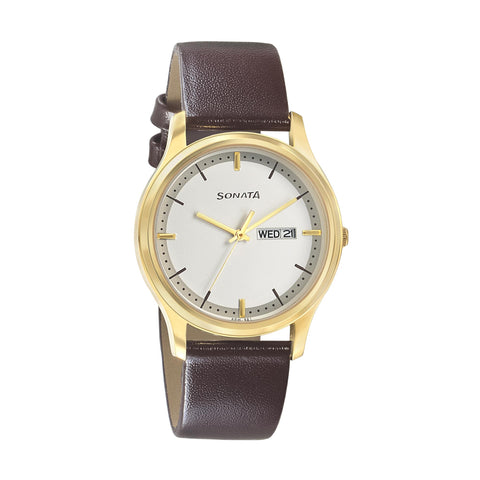 Sonata Quartz Analog with Day and Date White Dial Leather Strap Watch for Men
