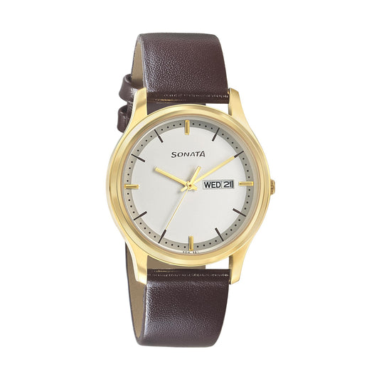 Sonata Quartz Analog with Day and Date White Dial Leather Strap Watch for Men