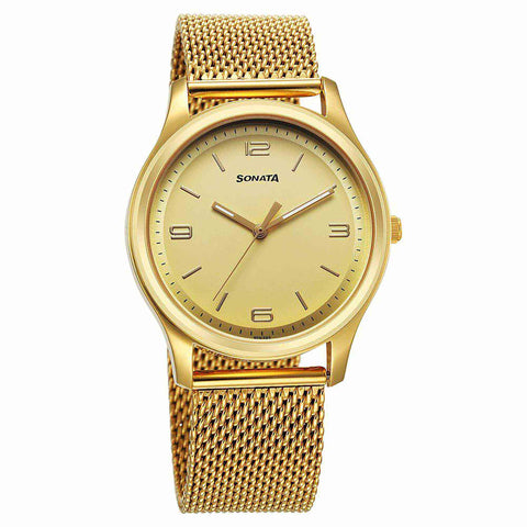 Sonata Traditional Essentials Quartz Analog Champagne Dial Stainless Steel Strap Watch for Men