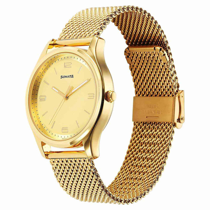 Sonata Traditional Essentials Quartz Analog Champagne Dial Stainless Steel Strap Watch for Men